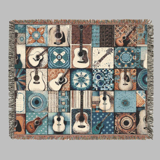 Woven Blanket - Acoustic Guitar Patchwork in Brown and Blue