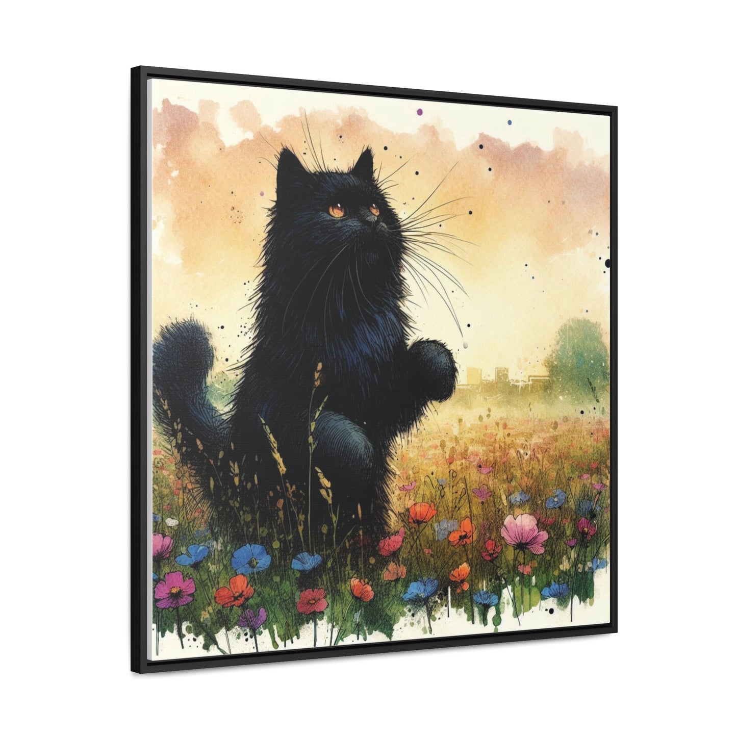 Playful Black Long-Haired Cat Floral Field, Gallery-Wrapped Canvas - Cat Lover Gift, Decor for Child's Room or Nursery