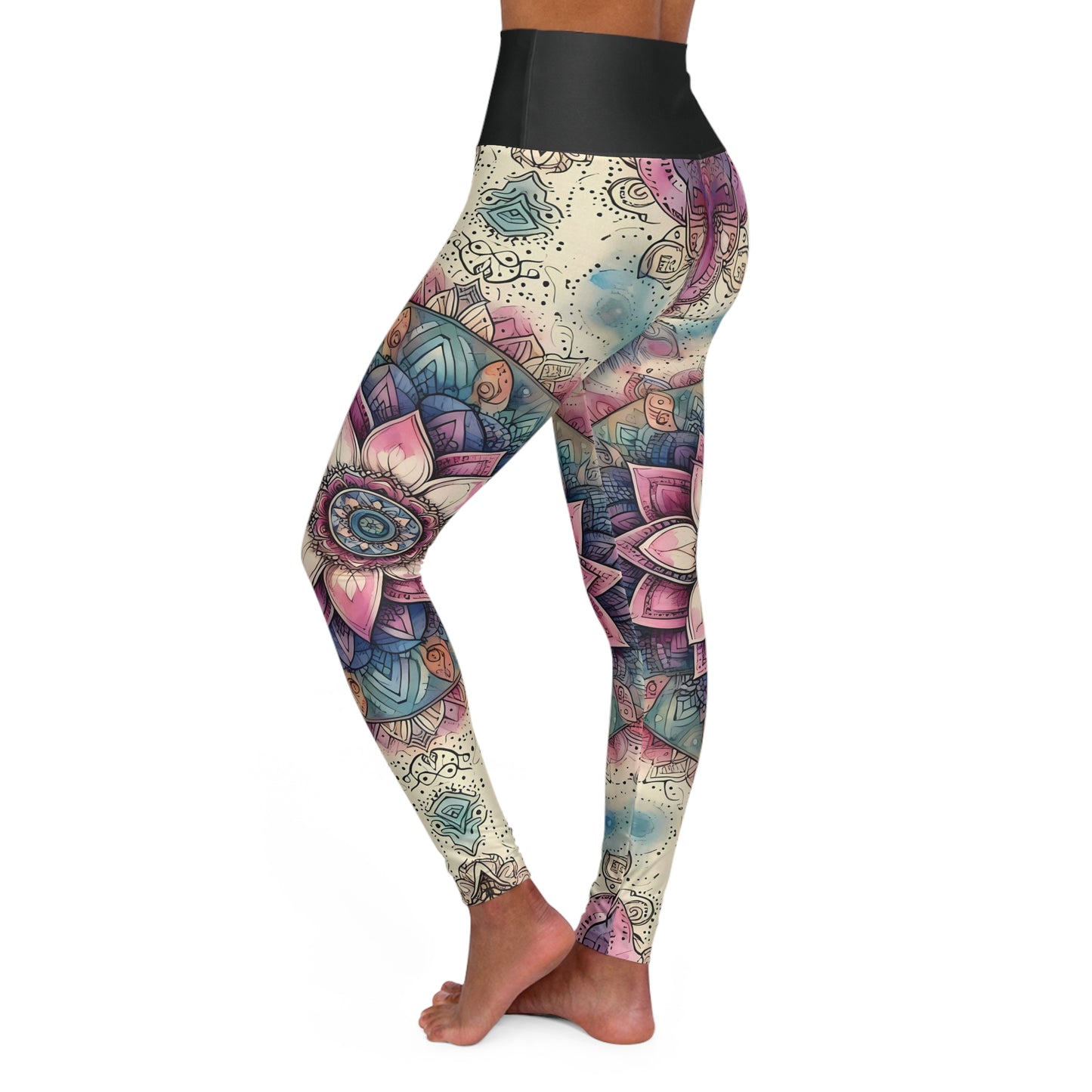 High Waisted Yoga Leggings - Boho Floral Mandala with Pink, Blue, and Cream, XS-2XL