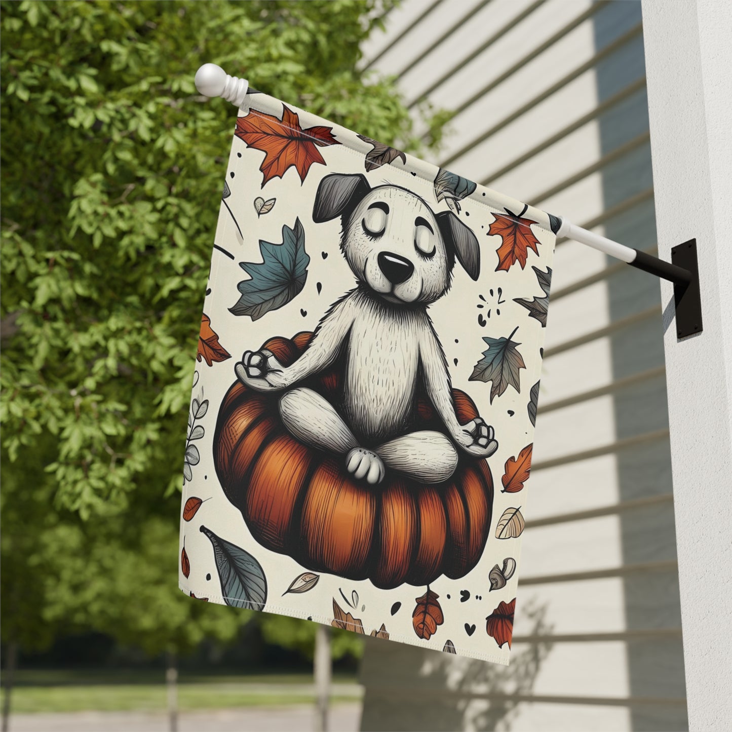 Porch or Yard Flag / Garden Banner - Zen Dog on Pumpkin