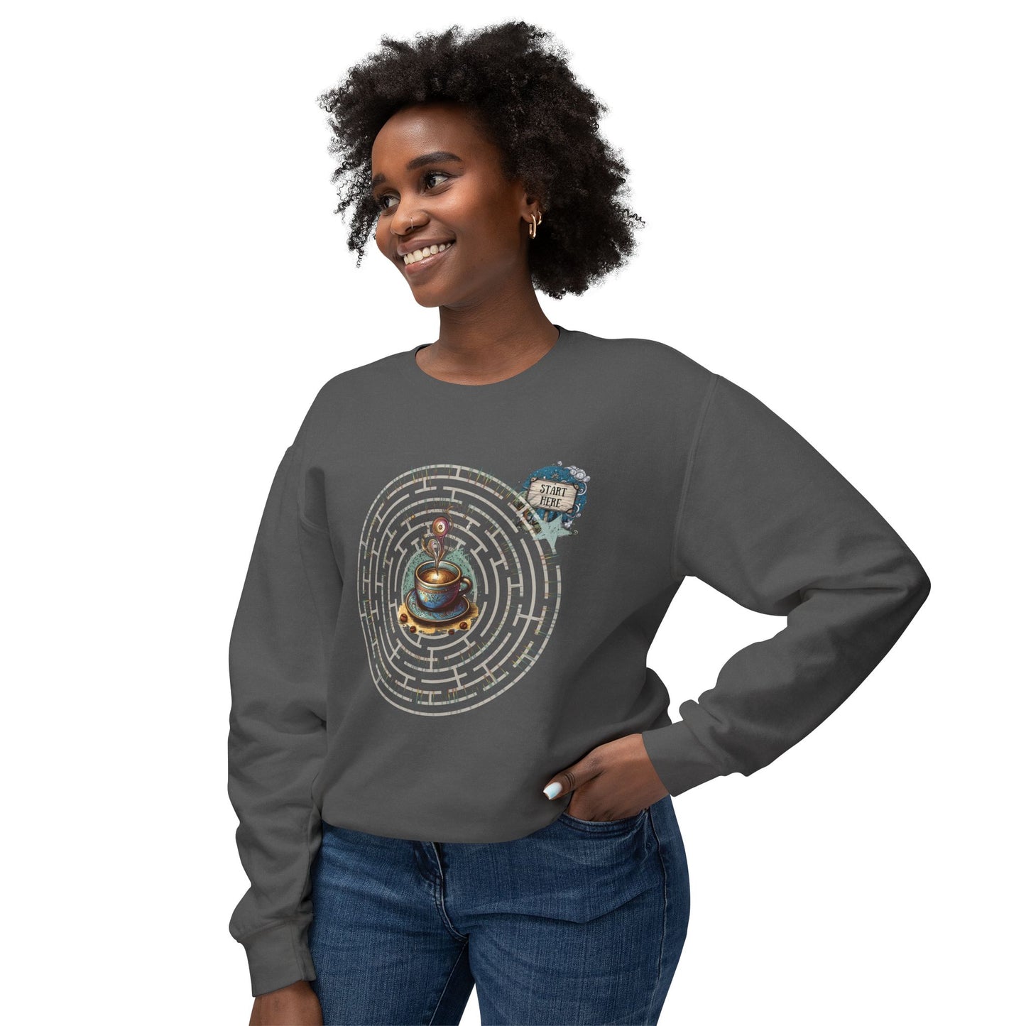 Coffee Quest Maze Sweatshirt - Whimsical Path to Your Daily Brew