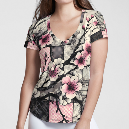 All-Over-Print Women's V-Neck T-Shirt - Cherry Blossoms Over Patchwork, Pink & Gray Vibrant Spring Design