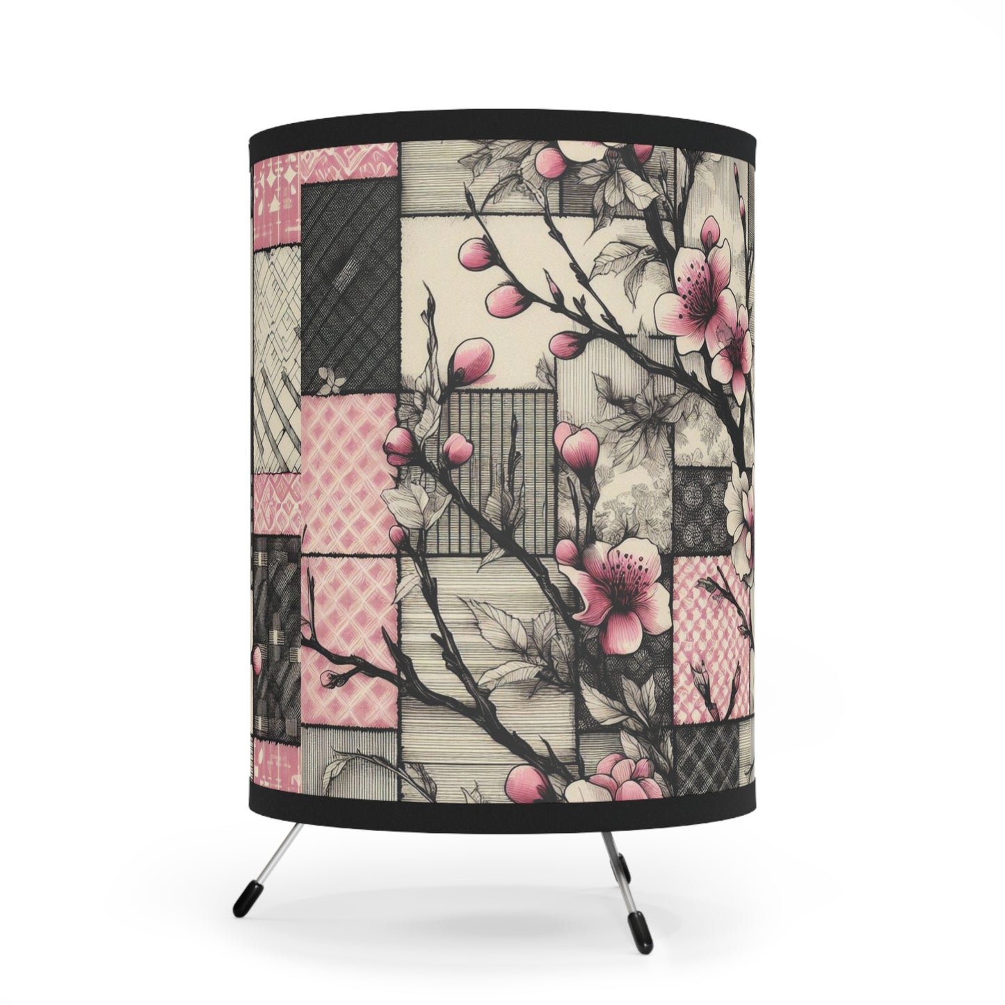 Cherry Blossom Patchwork Table Lamp - Pink and Black Floral Design with Tripod Base, Soft Lighting - Great for Office, Living Room, Nursery