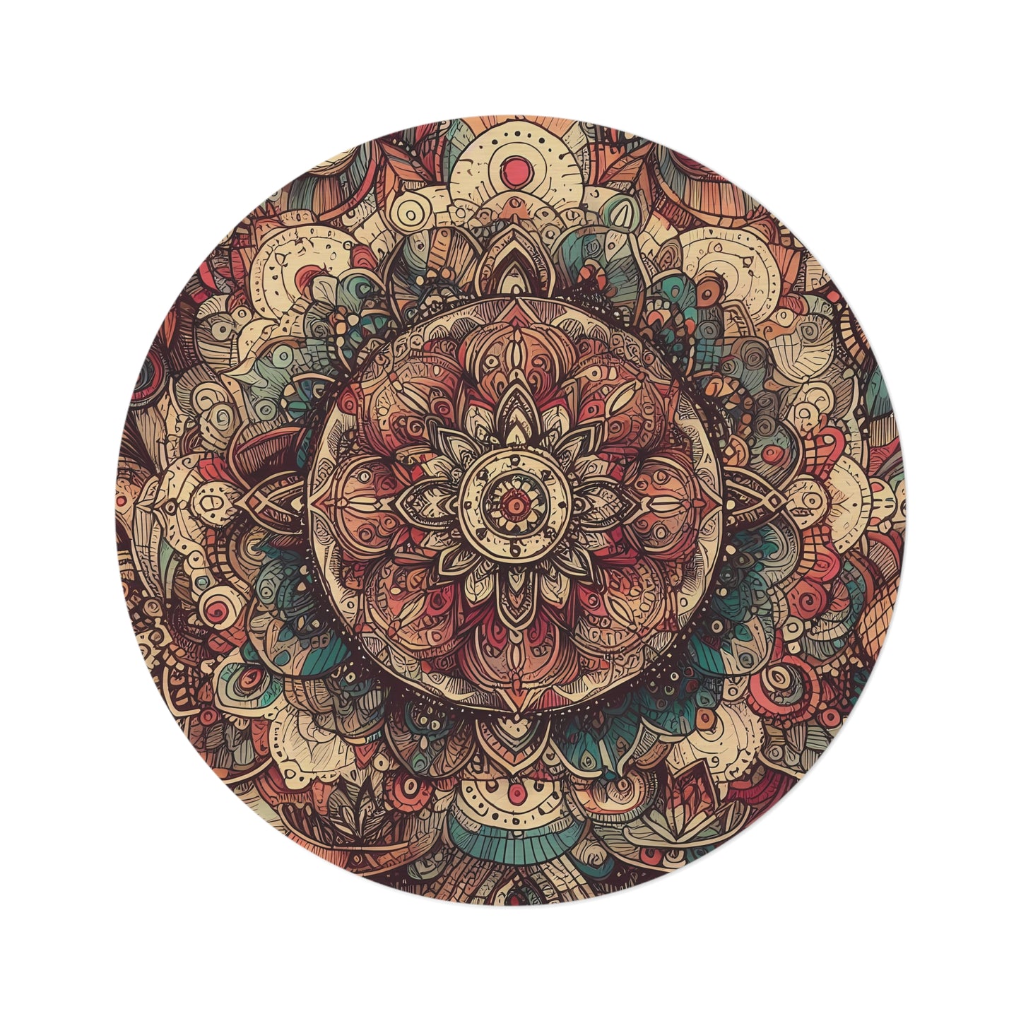 Round 60" x 60" Rug - Boho Mandala Pattern with Blue, Orange, and Red Tones