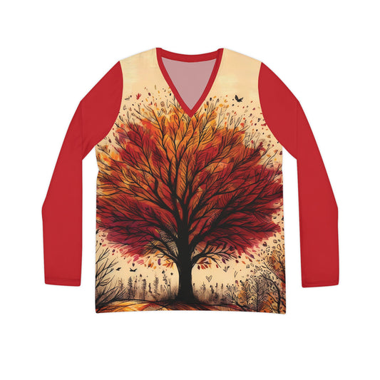 Women's Long Sleeve V-Neck Top - Vibrant Autumn Tree with Red Sleeves