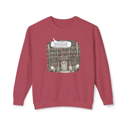 Book Lover's Magical Library Sweatshirt, Illustrating a Ceiling-to-Floor Literary Oasis on a Whimsical Print - Lightweight Attire for Fall and Winter