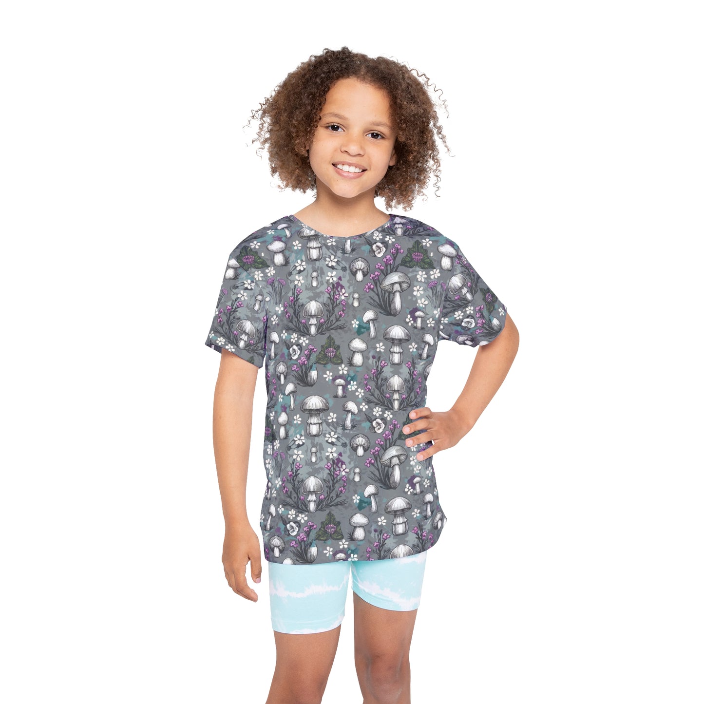 Youth Jersey Style Top - Woodland Mushrooms & Purple Florals, Enchanting Nature-Inspired Playwear