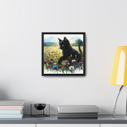 Black Cat Playing in Meadow Gallery-Wrapped Canvas - Cat Lover Gift, Decor for Child's Room or Nursery, Storybook Style Art