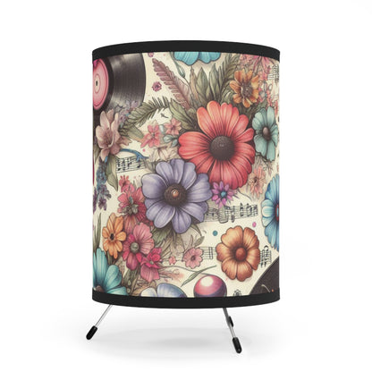 Retro Record & Flower Tripod Lamp - 50s & 60s Inspired Lighting for Cozy Living Spaces - Bold, All-Over Print