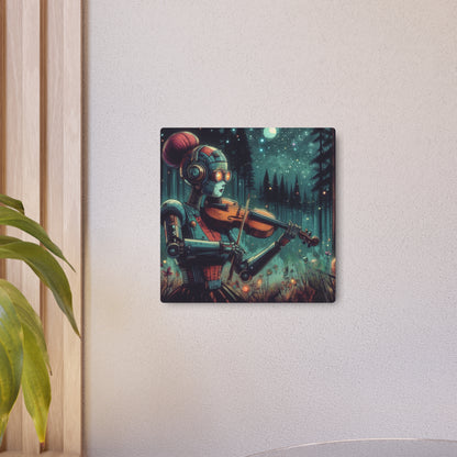 Metal Wall Art - Retro-Futuristic Robot Playing Violin in the Forest Night