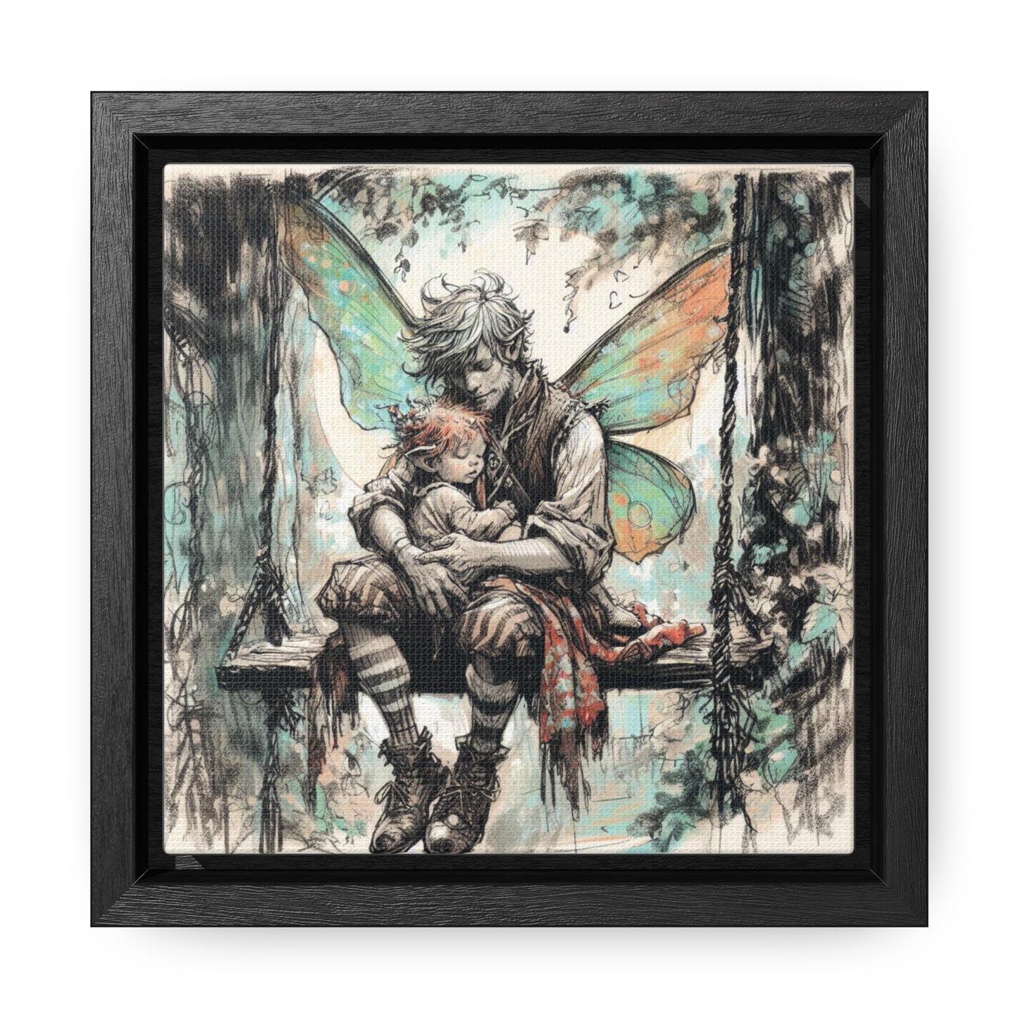 Daddy and Baby Fairy on Swing Gallery Wrapped Canvas Print - Sweet Fatherly Bond Wall Art for Nurseries or Child's Bedroom