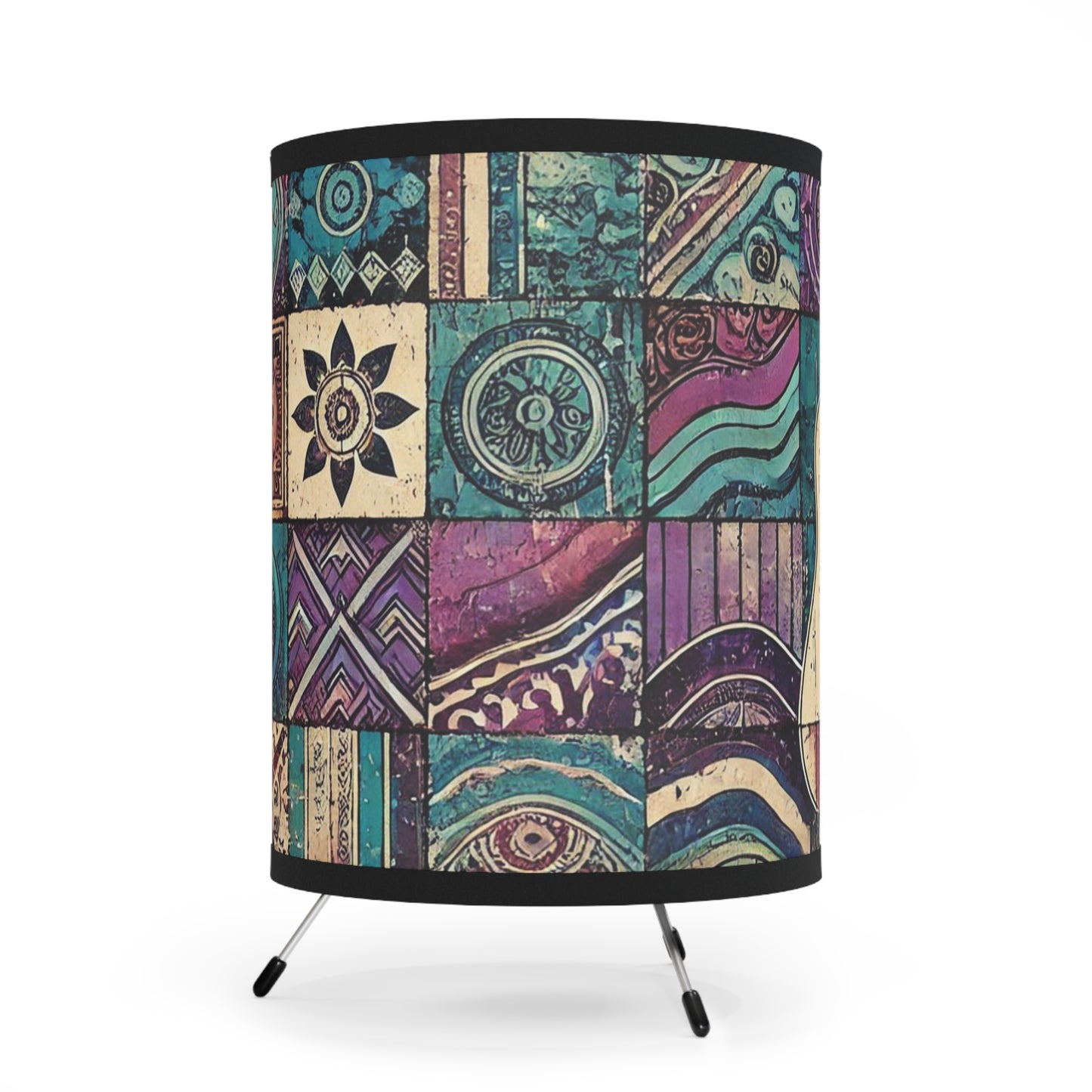 Tripod Table Lamp - Boho Guitar Patchwork in Purple and Blue