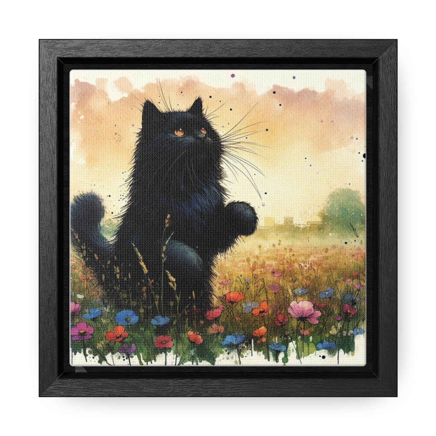 Playful Black Long-Haired Cat Floral Field, Gallery-Wrapped Canvas - Cat Lover Gift, Decor for Child's Room or Nursery