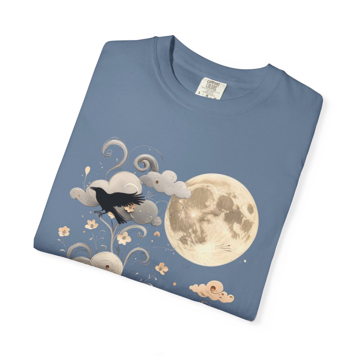 Moonlit Crow Comfort Colors T-Shirt, Halloween Mystical Raven Shirt, Dark Nature Art Tee, Cloud and Moon Graphic, Soft Cotton Witchy T-Shirt