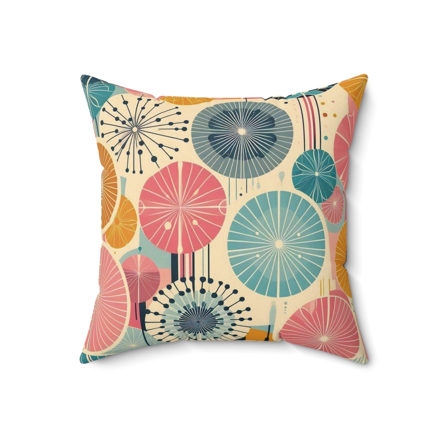 Retro 50s Dandelion Pattern Faux Suede Throw Pillow - Pink, Teal, & Navy - Soft Square Pillow for Kids Room, Living Room, Office