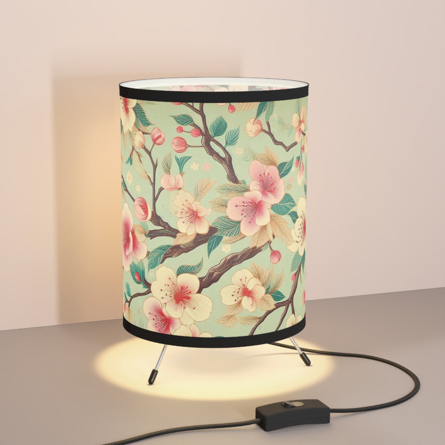 Vintage Green Tripod Lamp with Retro Cherry Blossom Design - Grandma Chic Accent Lamp for Cozy Living Spaces