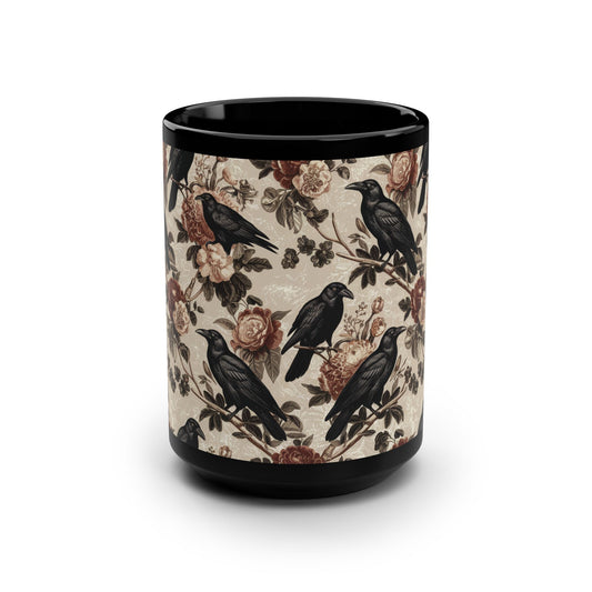Floral Raven Mug, 15oz Black Mug, Perfect Gift for Halloween, Coffee Lovers, Home Decor, Gothic Style, Unique Present