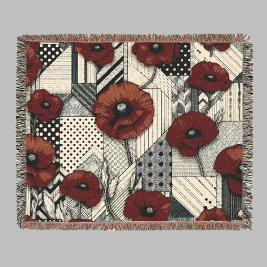 Woven Blanket - Red Poppies Over Black & White Patchwork with Polka Dots and Stripes