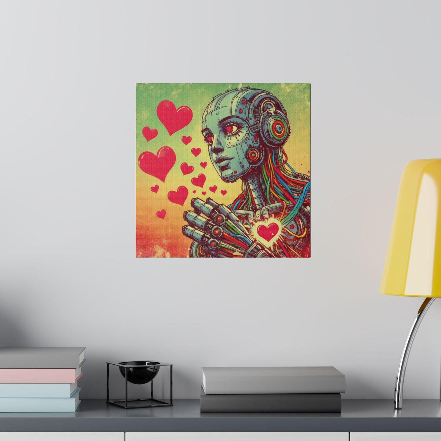 Retro-Futuristic Robot Love Matte Canvas – Graphic Novel Style Sketch, Vibrant Wall Art