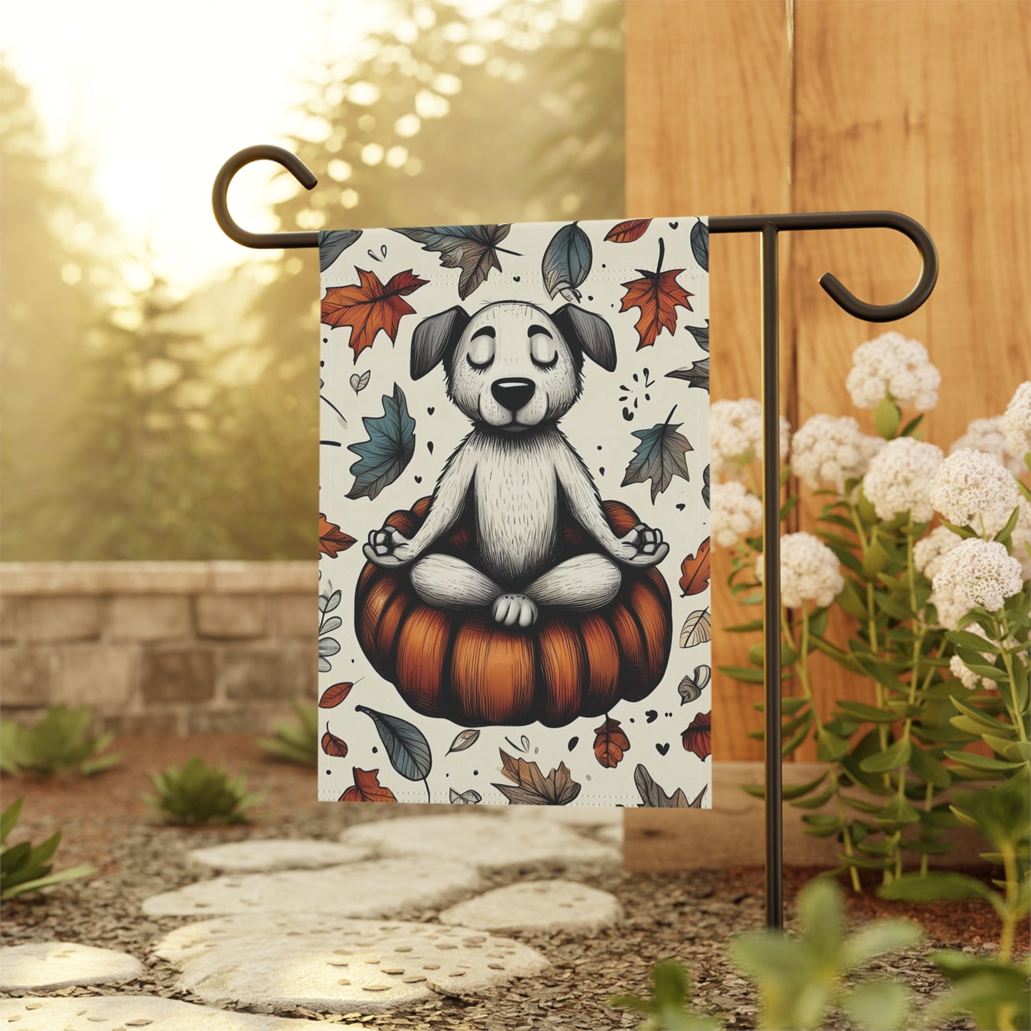 Porch or Yard Flag / Garden Banner - Zen Dog on Pumpkin