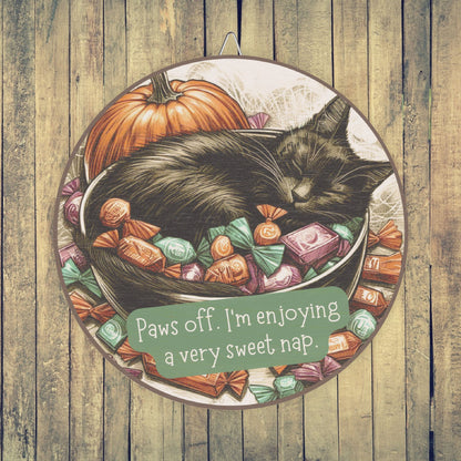 Halloween Black Cat Wooden Wall Sign - Cat Napping in Candy Bowl - Rustic Halloween Decor for Wall or Door