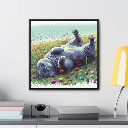 Gray Cat Lounging in Floral Field Gallery-Wrapped Canvas - Cat Lover Gift, Decor for Child's Room or Nursery, Storybook Style Art