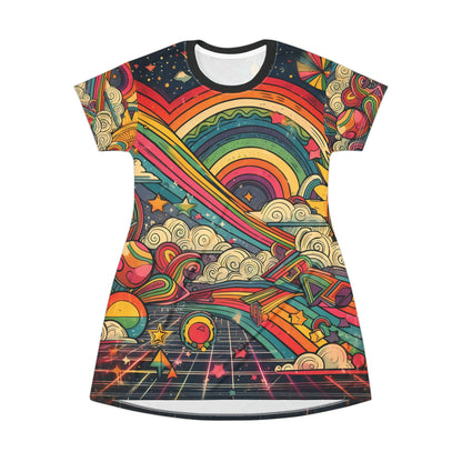 Retro Rainbow 80s Tunic T-Shirt Dress - Bold Geometric Stripes and Stars with Black Grunge Background, Comic Book Vibes