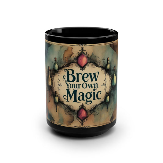 Mystical "Brew Your Own Magic" Mug, Whimsical Potion Bottle Design, 15oz Black Ceramic Coffee or Tea Cup for Witches and Dreamers