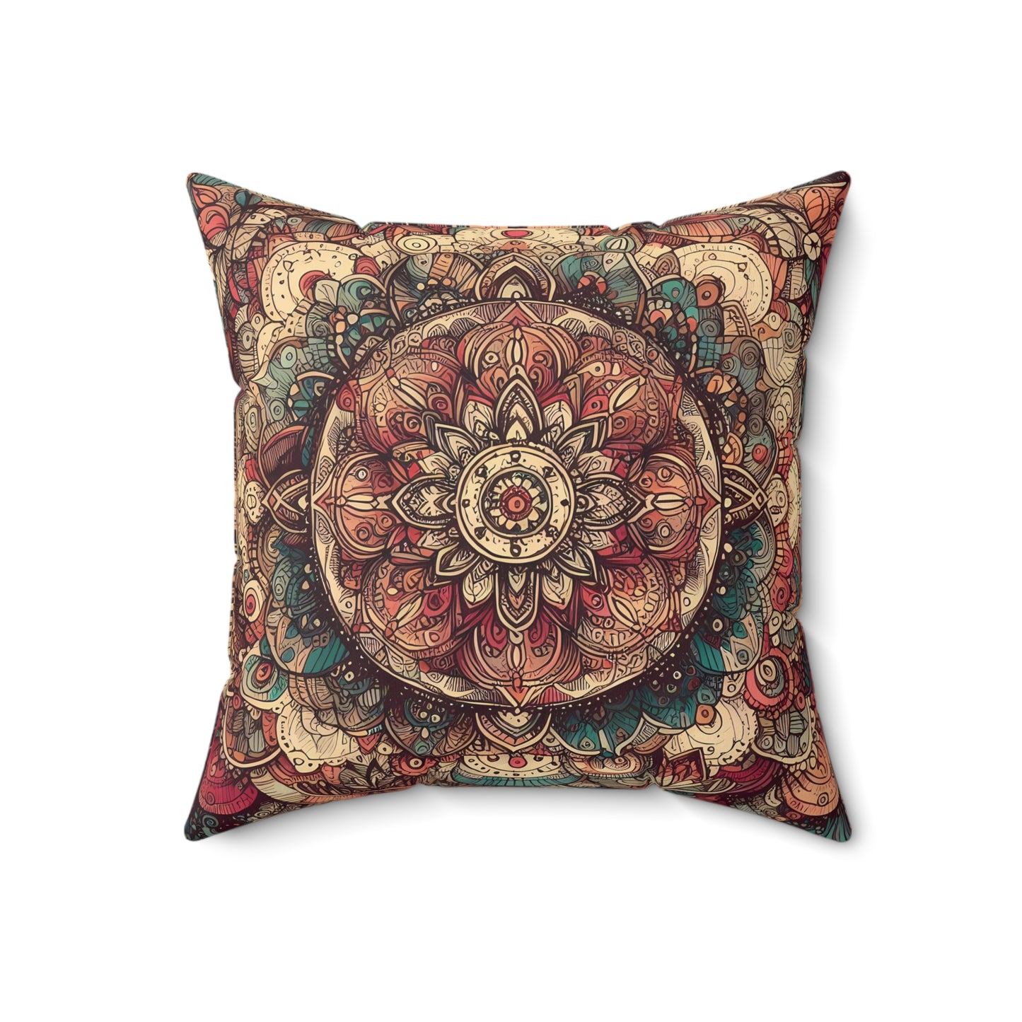 Square Faux Suede Pillow - Boho Floral Mandala, Turquoise, Red, Creme Tones (Cover + Pillow Included)