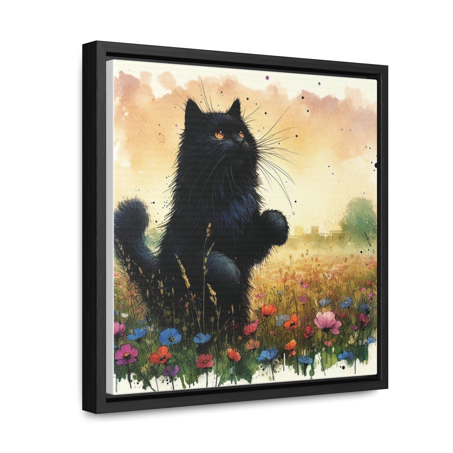 Playful Black Long-Haired Cat Floral Field, Gallery-Wrapped Canvas - Cat Lover Gift, Decor for Child's Room or Nursery