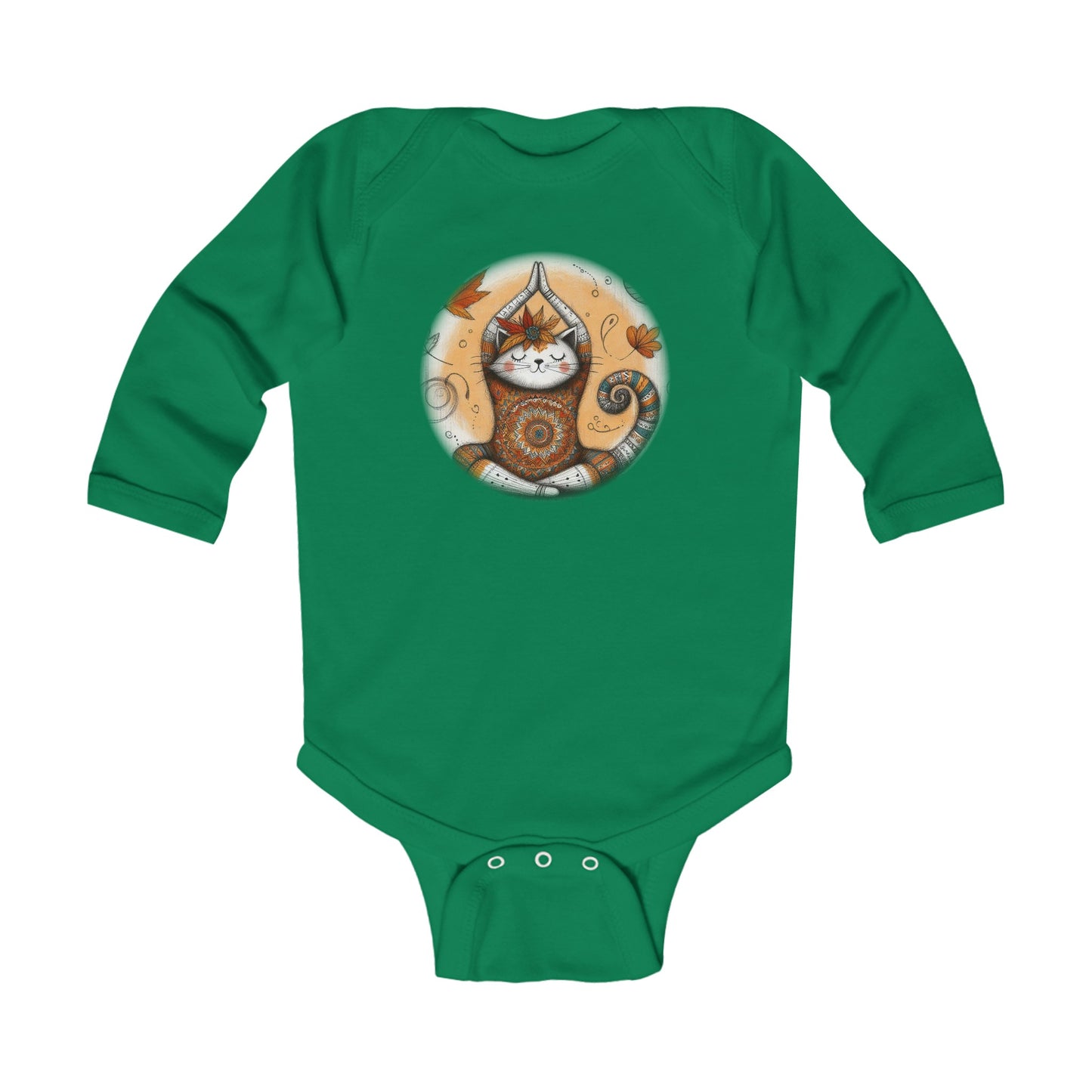 Baby Long Sleeve Bodysuit - Meditative Autumn Cat, Sizes Up to 18mo, Multiple Colors Available