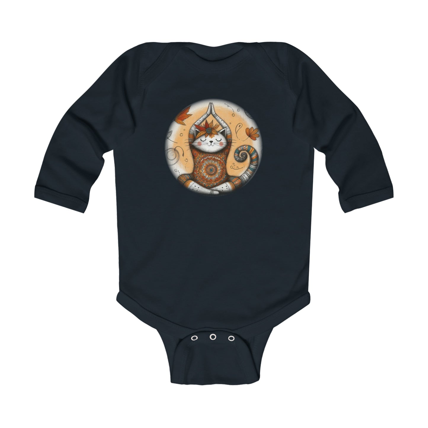 Baby Long Sleeve Bodysuit - Meditative Autumn Cat, Sizes Up to 18mo, Multiple Colors Available