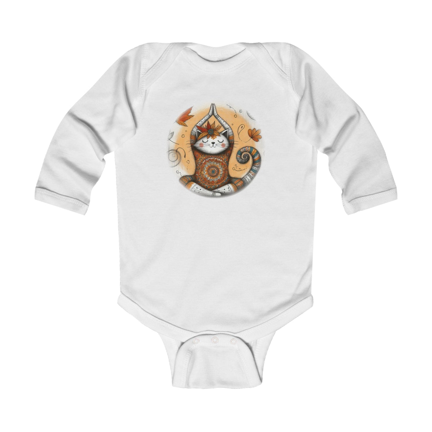 Baby Long Sleeve Bodysuit - Meditative Autumn Cat, Sizes Up to 18mo, Multiple Colors Available