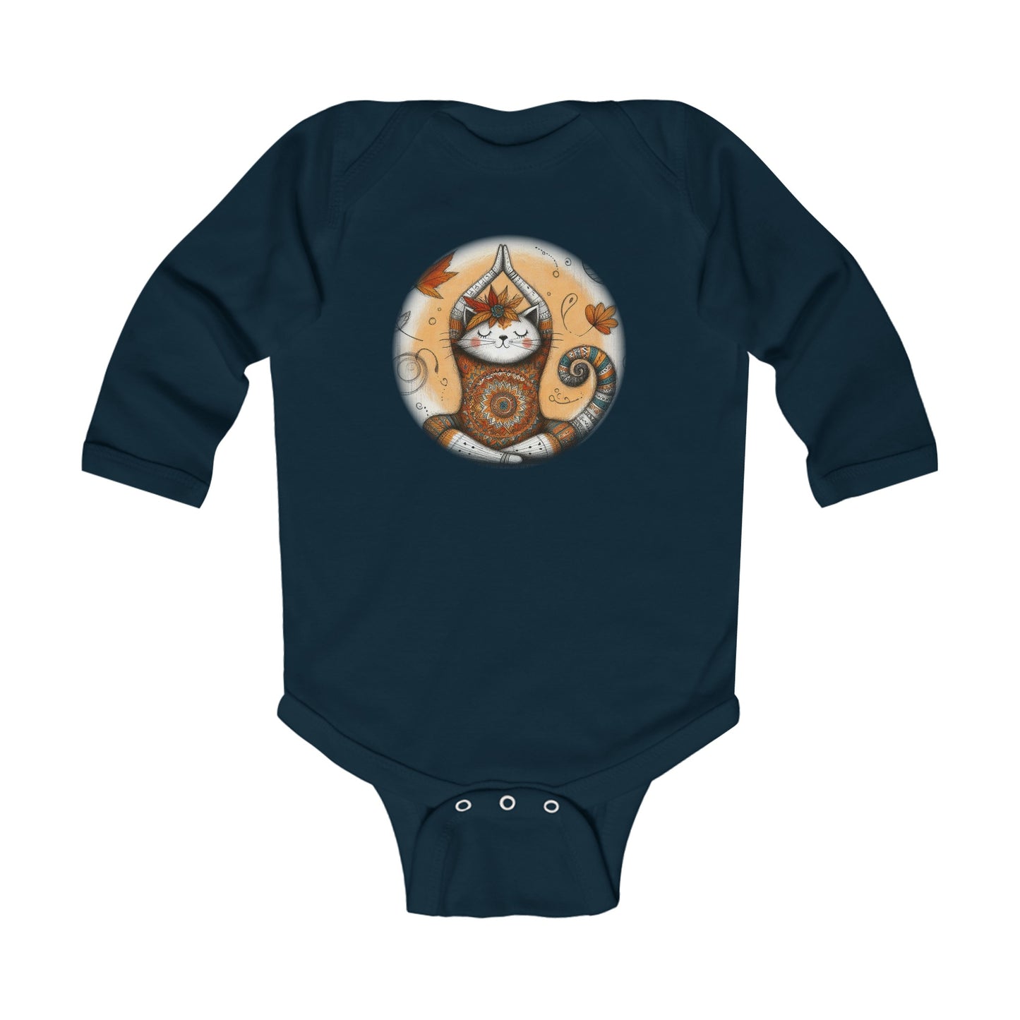 Baby Long Sleeve Bodysuit - Meditative Autumn Cat, Sizes Up to 18mo, Multiple Colors Available