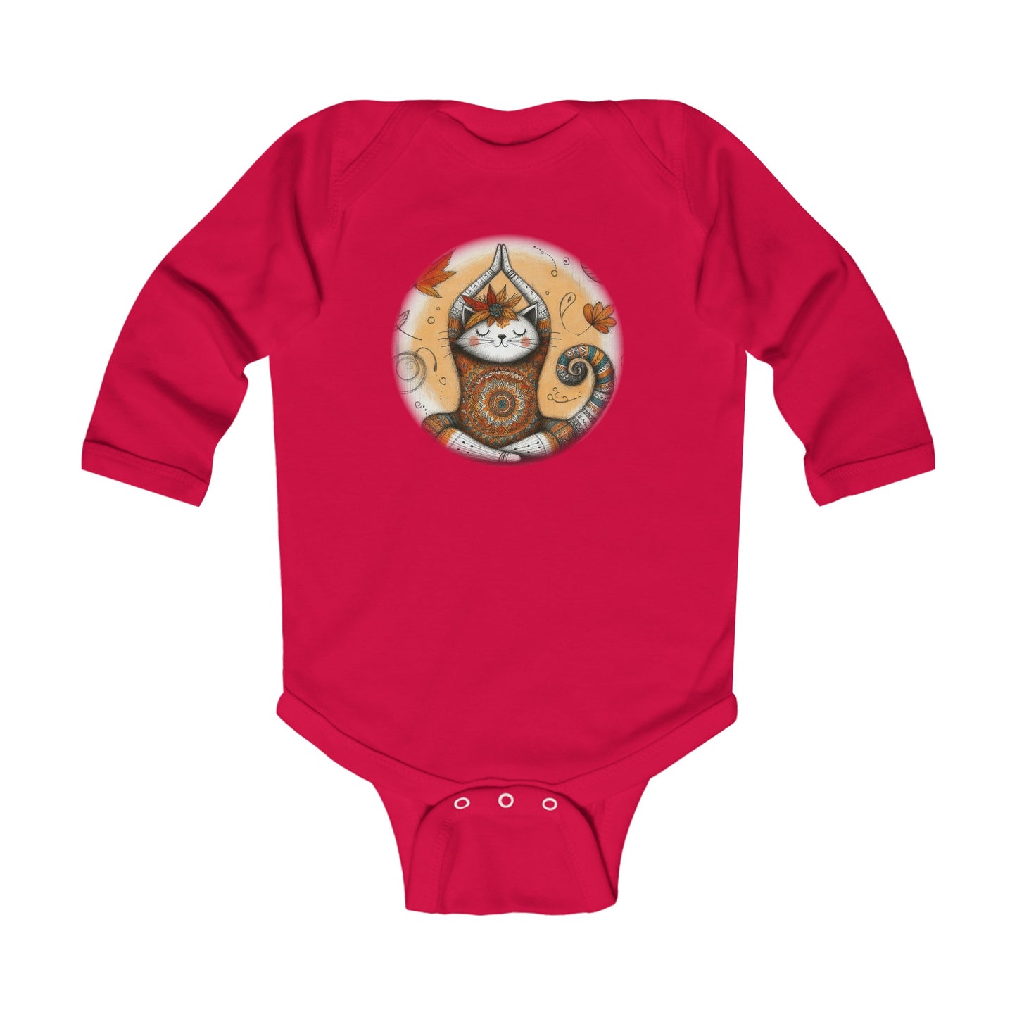 Baby Long Sleeve Bodysuit - Meditative Autumn Cat, Sizes Up to 18mo, Multiple Colors Available