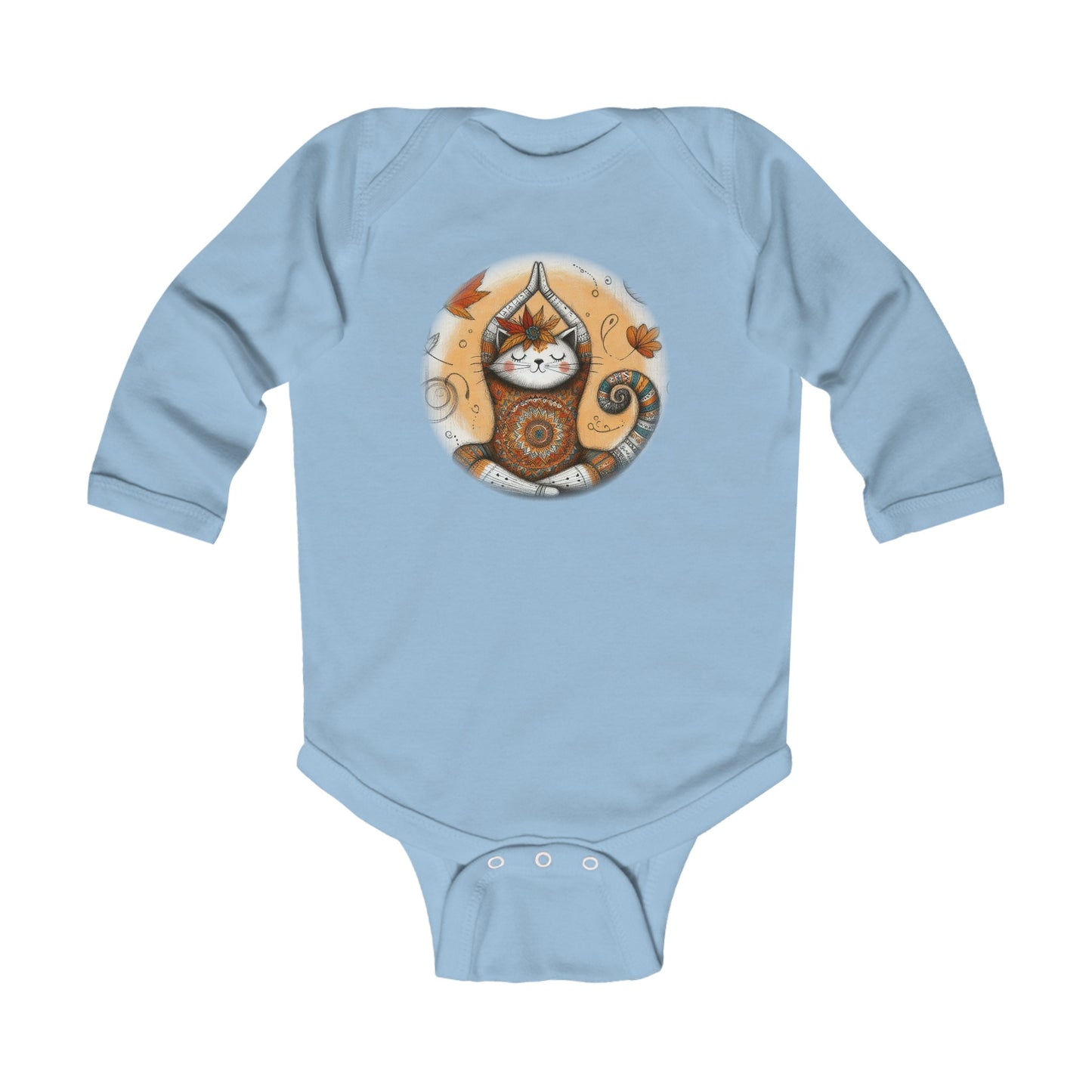 Baby Long Sleeve Bodysuit - Meditative Autumn Cat, Sizes Up to 18mo, Multiple Colors Available