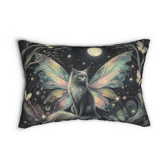 Fairy Cat Lumbar Pillow, Mystical Moonlight Cushion, Dark Whimsical Fantasy Home Decor, 20x14 Throw Pillow