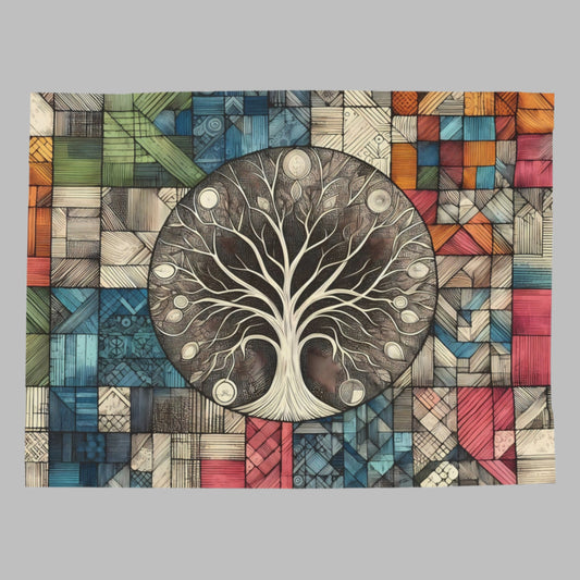 Velveteen Plush Blanket - Tree of Life with Vibrant Patchwork