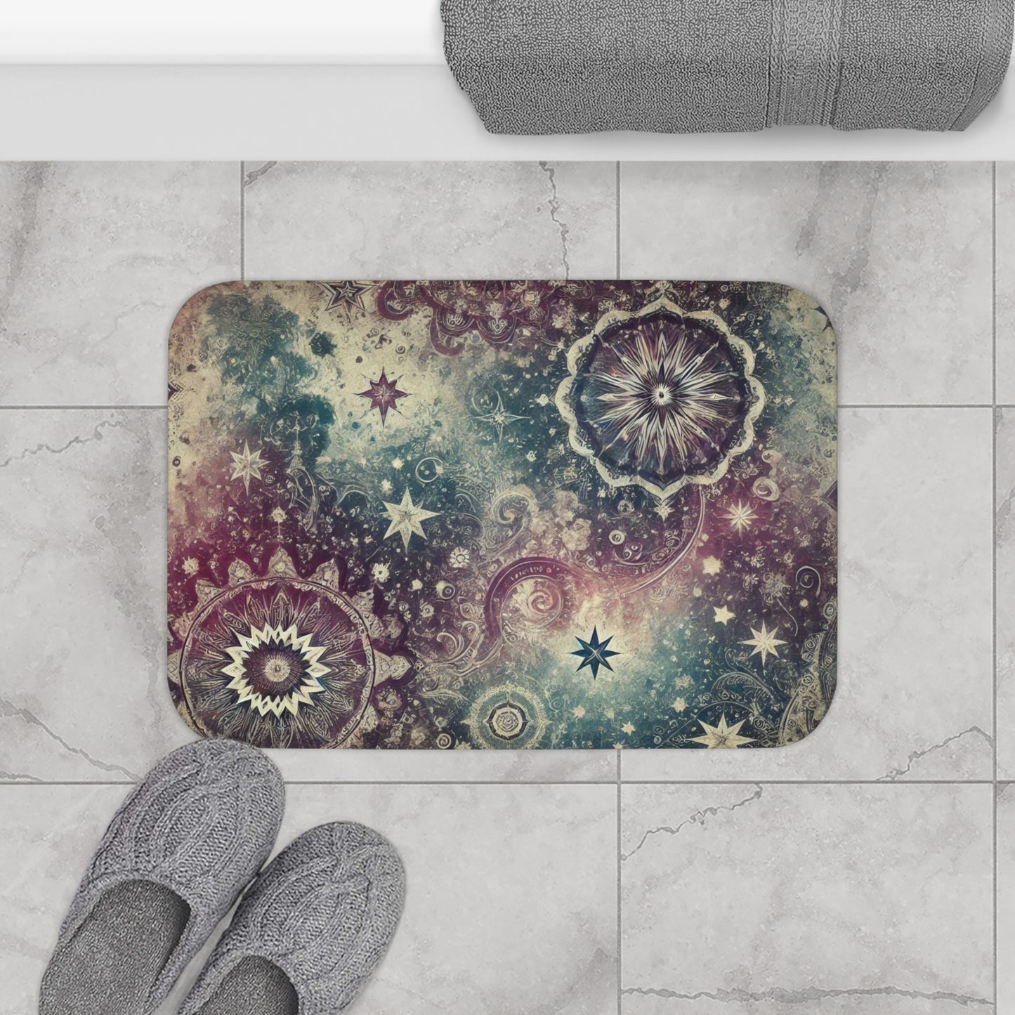 Bath Mat - Galaxy with Vintage Stars in Purple and Teal