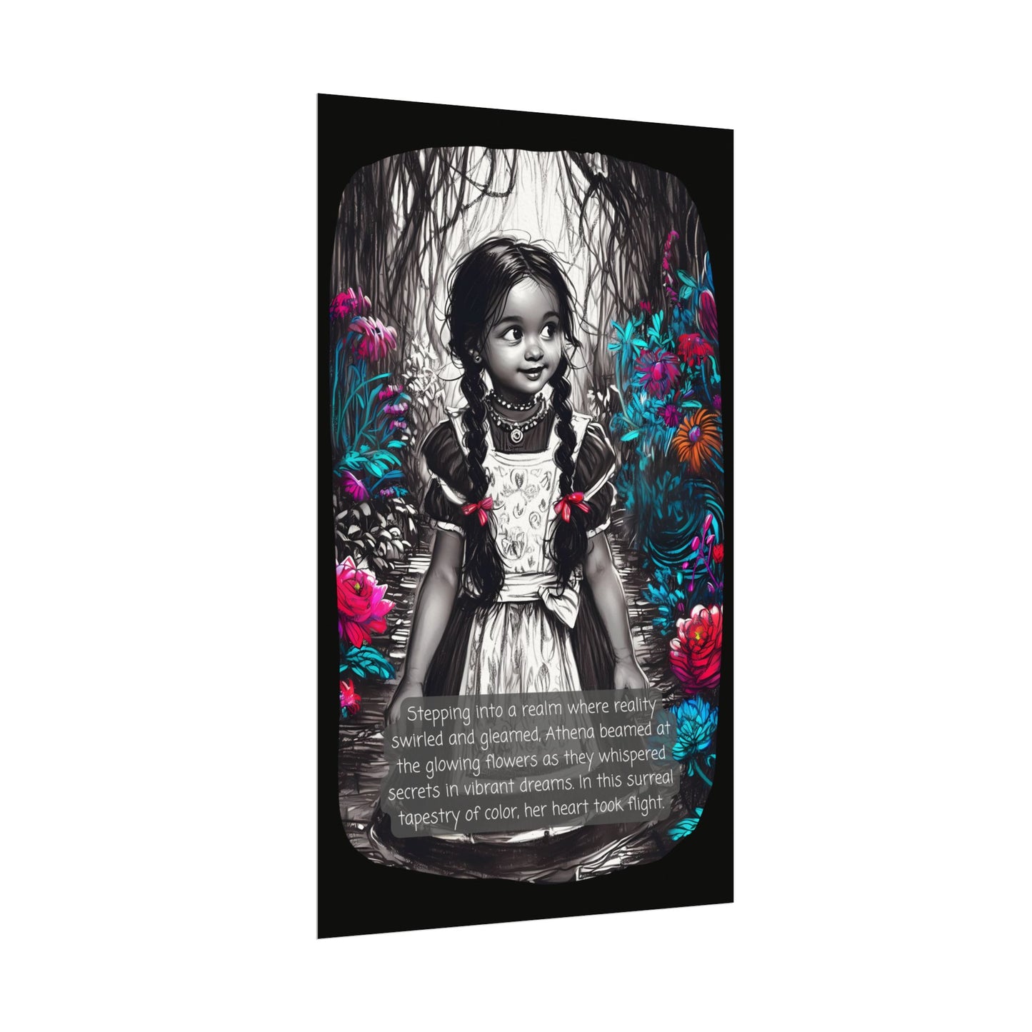 Textured Watercolor Matte Poster - Young Girl Steps into a Magical, Vibrant Wonderland