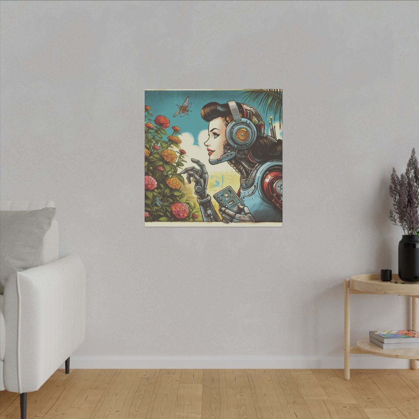 Canvas Print - Retro-Futuristic Female Robot Admiring Flowers, Graphic Novel Style Design, 60s 70s 80s Film Inspired