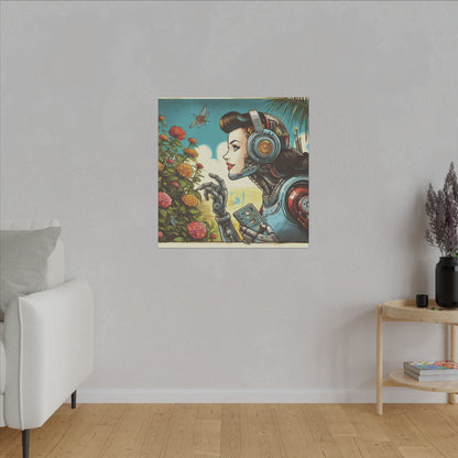 Canvas Print - Retro-Futuristic Female Robot Admiring Flowers, Graphic Novel Style Design, 60s 70s 80s Film Inspired