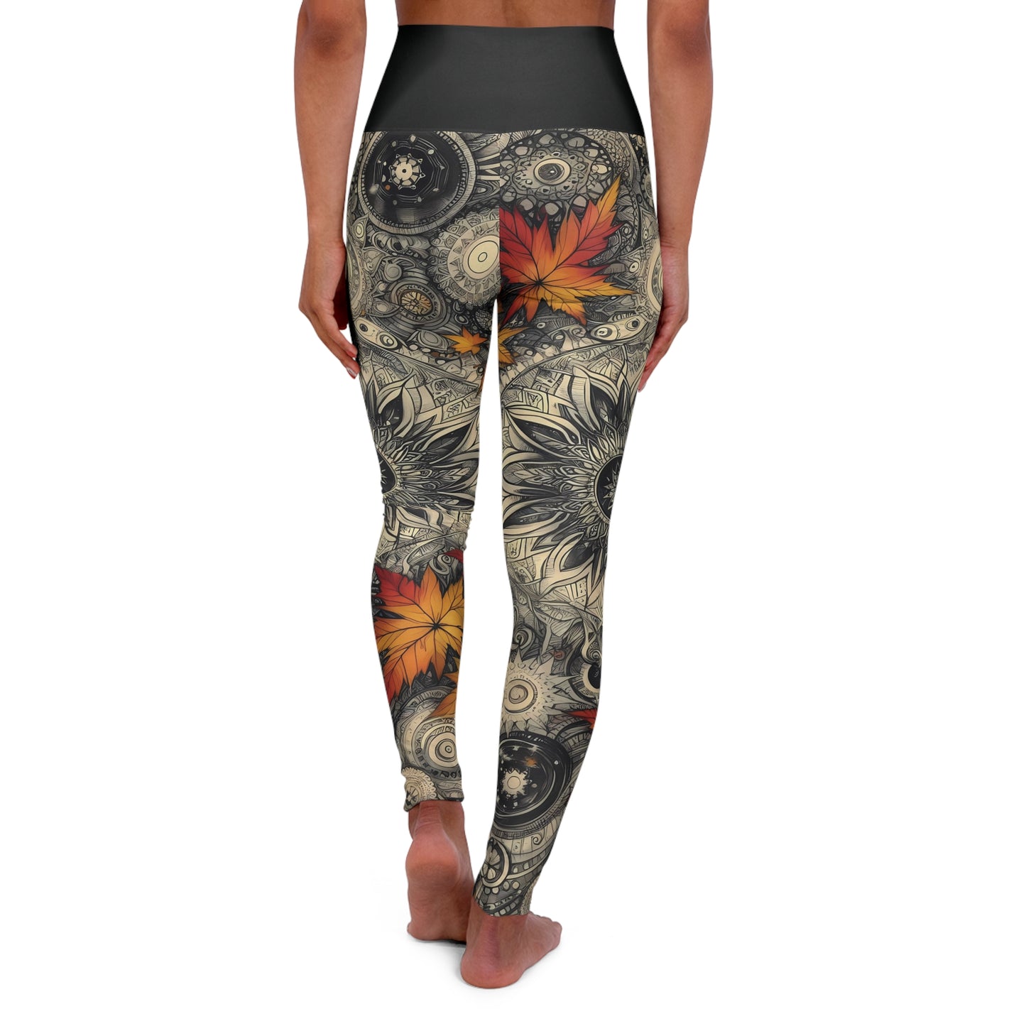 High Waisted Fall Yoga Leggings - Mandala and Autumn Leaves, XS-2XL