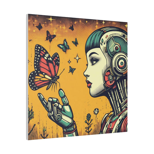 Canvas Print - Retro-Futuristic Robot Reaching Butterfly, Whimsical Colorful Graphic Novel Art, Wall Decor, Office Decor, Vibrant Sci-Fi