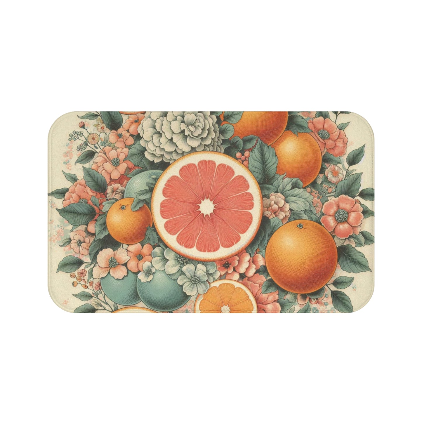 Granny Chic Citrus Bouquet Bath Mat - Fun Retro Grapefruit & Orange Floral Print - Anti-Slip Backing - 100% Microfiber