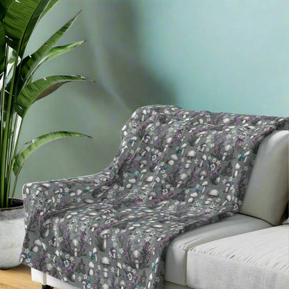 Sherpa Fleece Blanket -  Woodland Mushrooms & Purple Florals, Enchanted Cozy Cottagecore Vibes