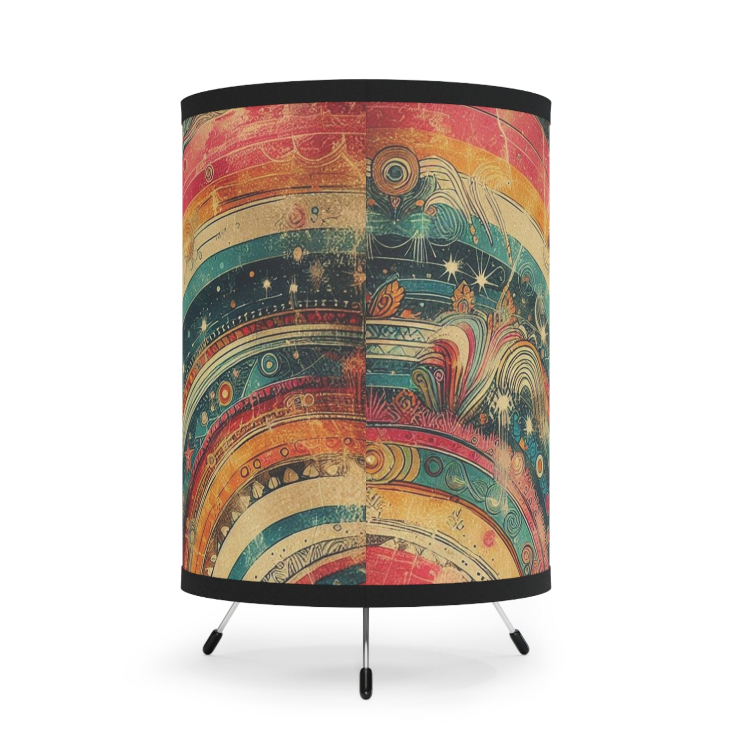 Retro Rainbow Table Lamp - Whimsical Swirly Stripes with Grunge Overlay and Celestial Background - For Office, Kid's Room, Living Space