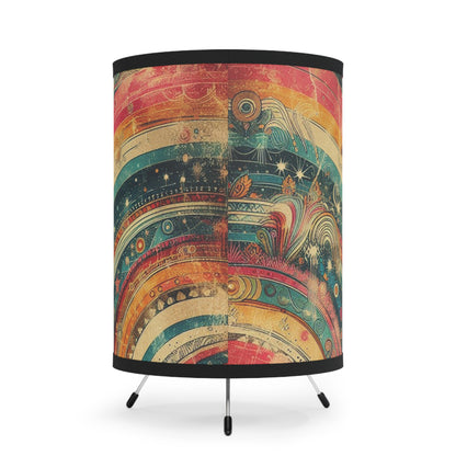 Retro Rainbow Table Lamp - Whimsical Swirly Stripes with Grunge Overlay and Celestial Background - For Office, Kid's Room, Living Space