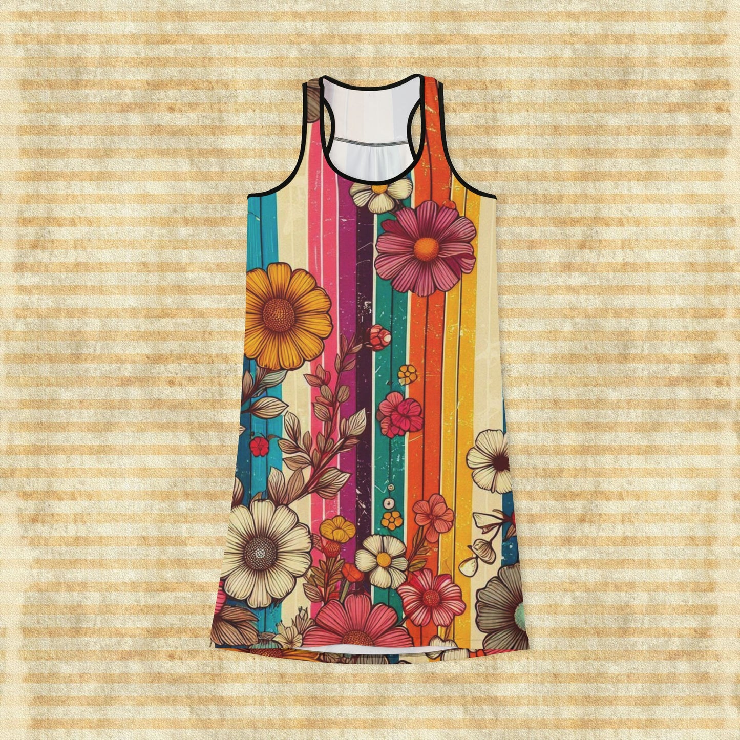 Racerback Dress - Retro Floral Rainbow Stripes