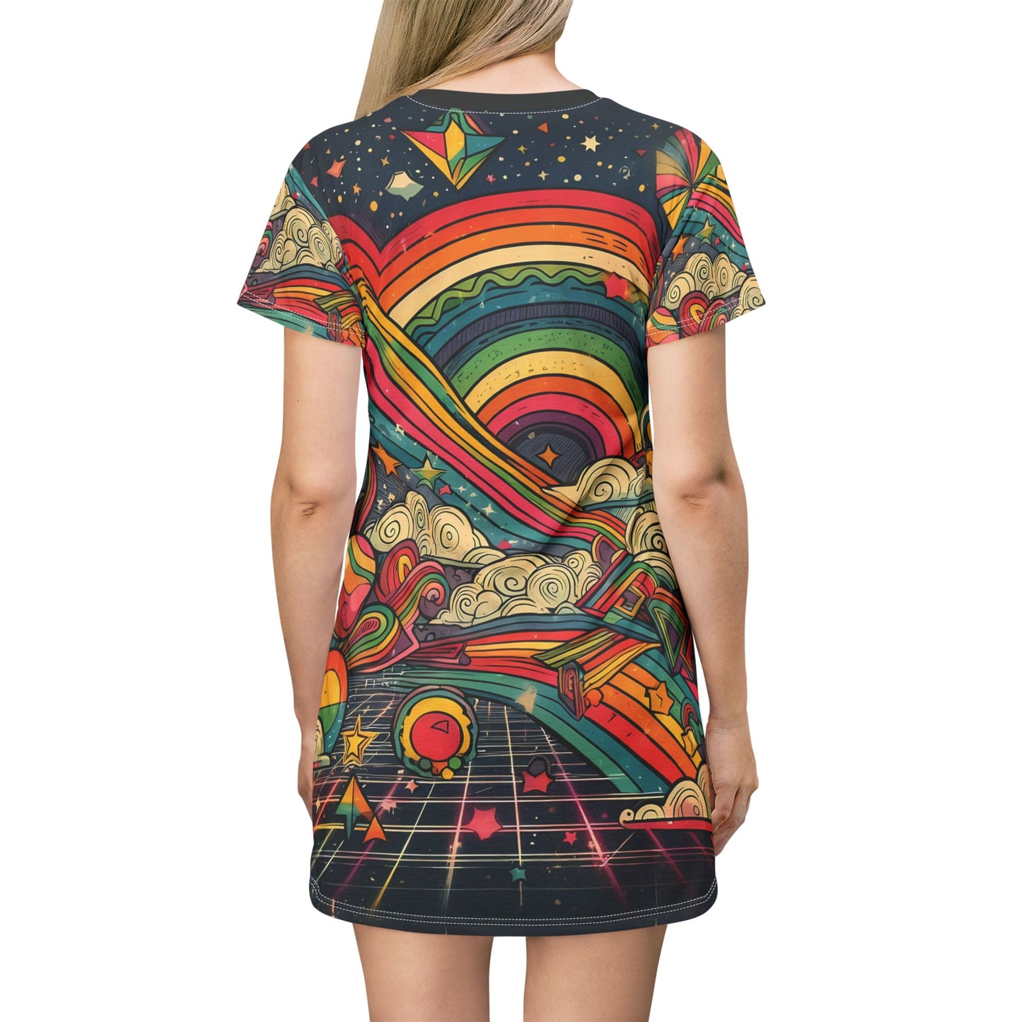 Retro Rainbow 80s Tunic T-Shirt Dress - Bold Geometric Stripes and Stars with Black Grunge Background, Comic Book Vibes